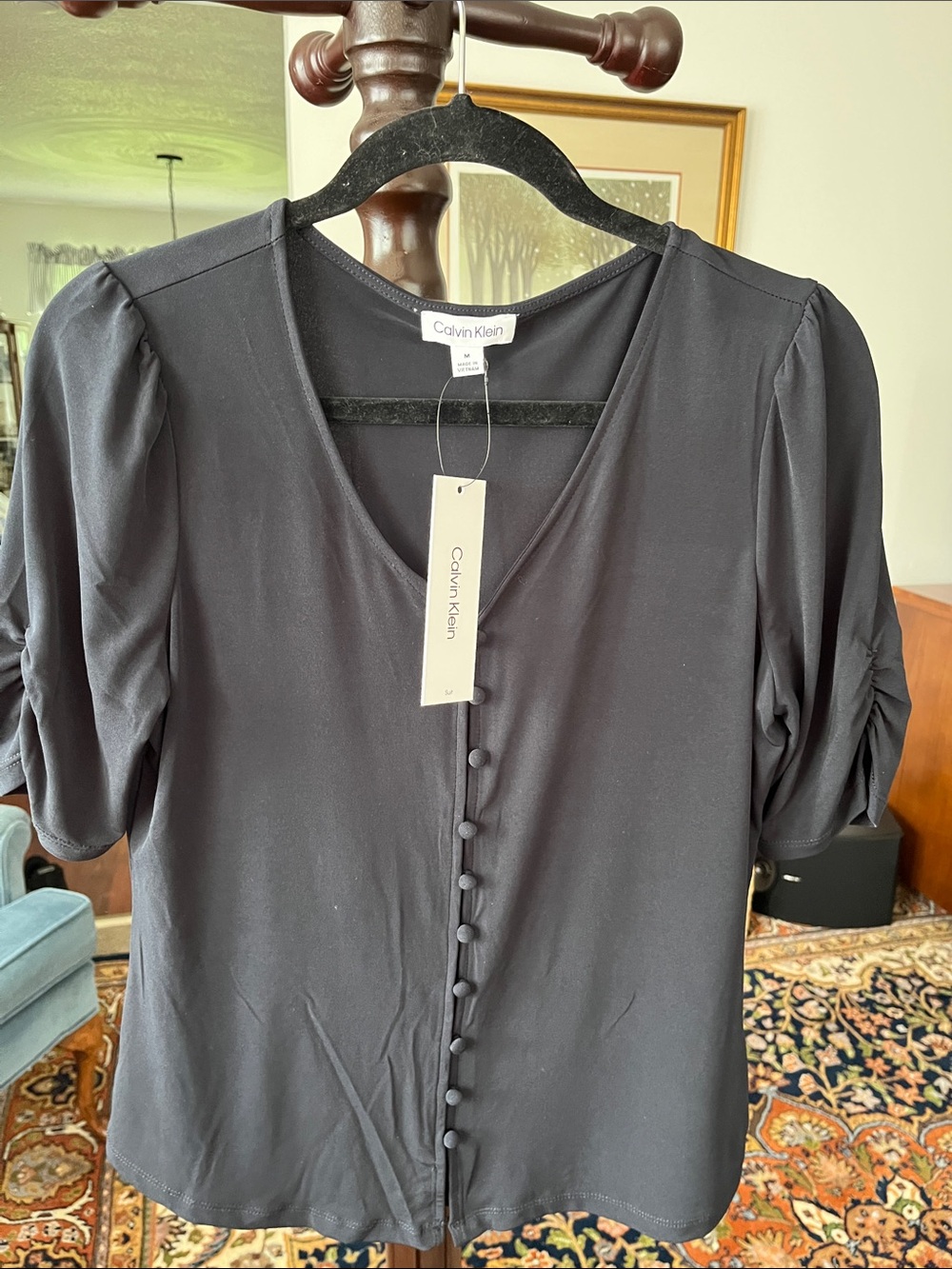 Calvin Klein navy Button-Front V-Neck Top with Puff Sleeves